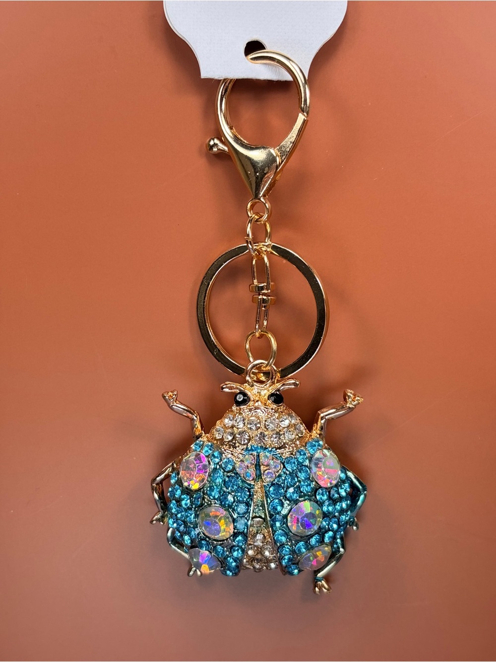 Sparkling Ladybug Keychain - Gold with Blue Aurora Rhinestones